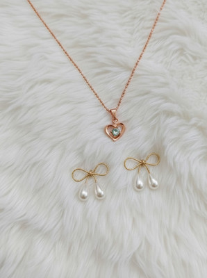 AVELIA Bow Earrings & Heart Pendant | Rose Gold & Gold Fashion Set for Girls & Women Pearl, Crystal Alloy Earring Set, Stud Earring, Drops & Danglers