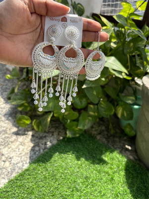 Radha Krishna Artificial Designer Long Chandbali Earrings with Dangling Chains & Stones – Silver Plated Alloy Drops & Danglers, Chandbali Earring