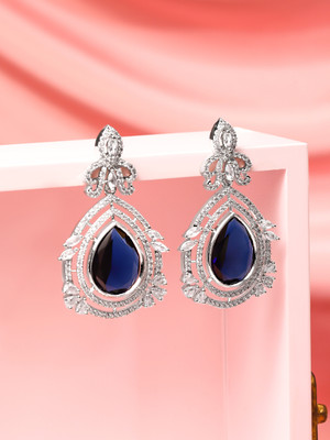 RUBANS Rhodium-Plated Blue Sapphire & White CZ Teardrop Design Drop Brass Drops & Danglers