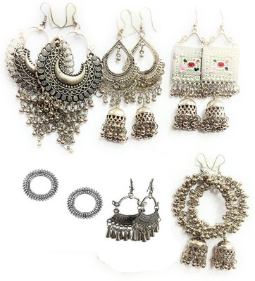 JMBW INTERNATIONAL JMBW FANCY DESIHN COMBO OF 6 PAIRS Big size earrings set silver Color Agate Alloy Drops & Danglers, Hoop Earring