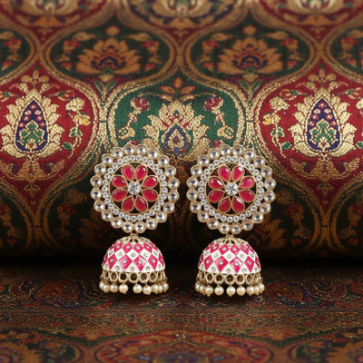 styra Traditional Jhumka Earrings for Women – Pink & White Pearl Aluminum Jhumki Earring