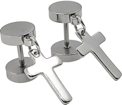 FOGGMART Dumbbell Jesus Cross Stud Earrings for Men & Women | Silver Color | Pack of 2 Stainless Steel Stud Earring, Earring Set