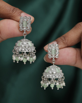 Saloni Fashion Jewellery Creative Square Shape Silver Plated Light Green Kundan Stone Jhumki Earring Cubic Zirconia Alloy Jhumki Earring