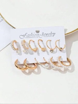 Vembley Latest Silver Plated Silver-Toned Contemporary Hoop Earrings Set of 9 Alloy Hoop Earring