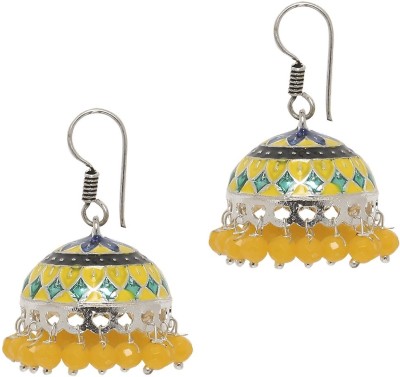 fabula Oxidised Silver Tone Yellow Meenakari Ethnic Beads, Crystal Alloy Jhumki Earring