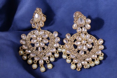 Deva Creation Gold Tone Kundan & Pearls Dangle Designer Partywear Earring For Women Brass Drops & Danglers, Chandbali Earring