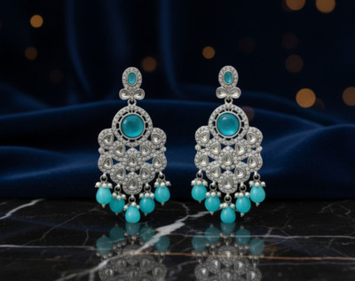 pas Royal skyblue white silver sparkle Kundan Earrings with Pearl Drops Crystal, Pearl, Pearl, White Zircon Alloy Jhumki Earring, Earring Set, Drops & Danglers, Chandbali Earring
