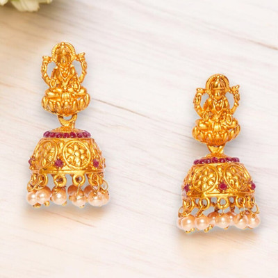ANOUK Gold Plated Temple Inspired Goddess Lakshmi Motif Earrings for Women and Girls Brass Jhumki Earring