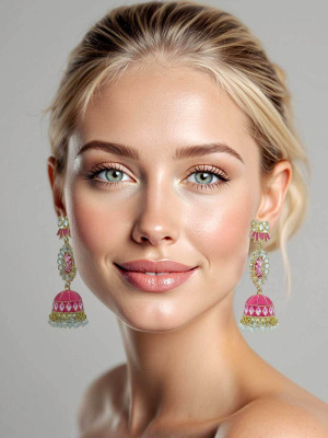 Fashion Fusion Big Size Traditional Meenakari Lotus Long Jhumka Earrings for Women & Girls Pearl Alloy Jhumki Earring