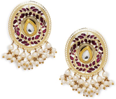 Oomph Purple Magenta Meenakari Stud Earrings Kundan & Pearls Studded in Oval Shape Beads, Crystal Alloy Stud Earring