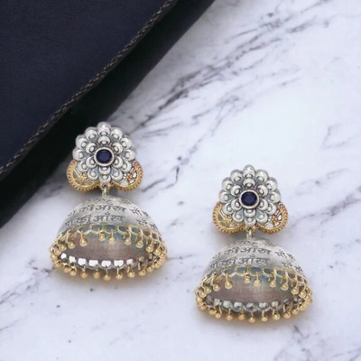 Sangria Oxidized Silver plated Rhinestones Studded Jhumka Statment Earrings for Women Brass Jhumki Earring