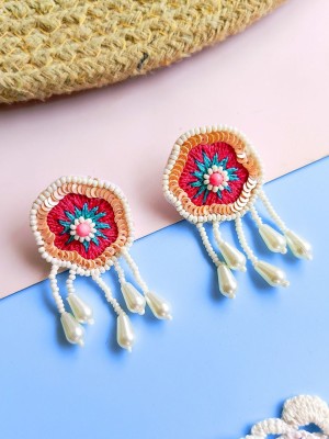 Tipsy Closet Red Floral Earrings Haldi Handmade Beaded Statement Boho Bollywood Earring Women Beads, Pearl Fabric, Mother of Pearl, Stone Stud Earring, Tassel Earring, Drops & Danglers, Earring Set, Jhumki Earring