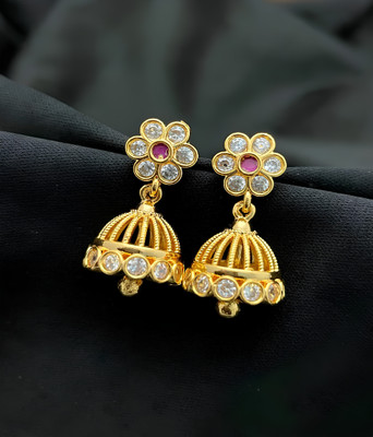 PBM CREATIONS GOLD PLATED AD STONE WEDDING JHUMKI / HOOPS / PEARL STUD / KOREAN EARRING Copper Drops & Danglers, Jhumki Earring