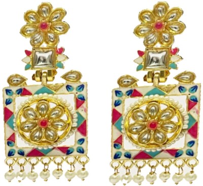 MK Jewellers Meenakari Kundan Rectangle Flower Shape Earrings Pearl Brass Drops & Danglers