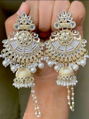 varun creations kundan kan chain jumki Drop And Danglers Kundan Mirror Log White Jaco Moti Beads Alloy Earring Set