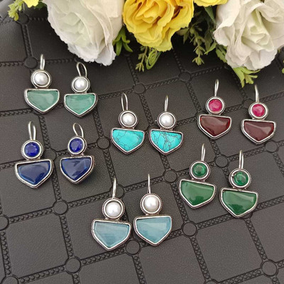 MARWARI TRADERS Designer Oxidised Silver pearl hook Monalisa Earrings (6 pair) Pearl German Silver, Brass Drops & Danglers