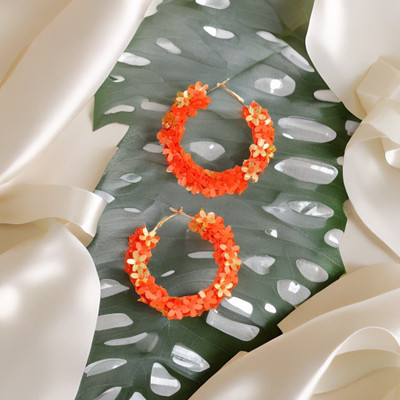 Jewelgenics Handmade Orange Beaded Hoop Earrings Beads, Pearl Alloy Hoop Earring