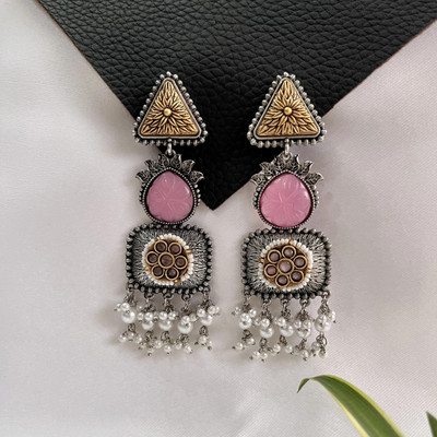 Neeara Fashion Dual Tone Oxidised Pink Stone Long Dangler Earrings for Women |Ethnic Party Wear Alloy Drops & Danglers