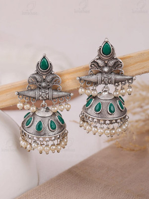 DANGAR ENTERPRISE Traditional Silver Pink Jhumka Earrings With indian Pearls Pink Jhumki For Women Emerald Metal Jhumki Earring