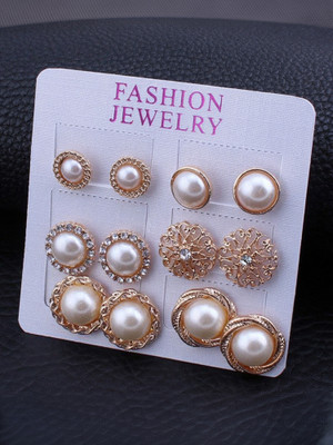 Vembley Vembley Stylish Golden Pearl Stud Earrings 6 Pair Combo For Women and Girls Alloy Stud Earring