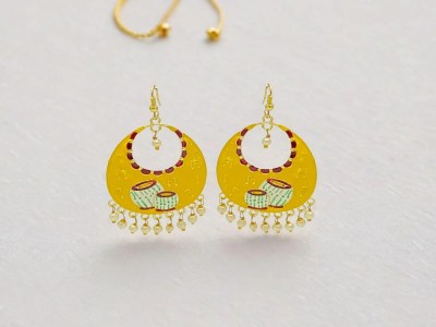 fashion Galaxy Yellow Jhumka Meenakari Pearl Earrings Tabla Design Oval Shaped Jhumkas Pearl Brass Earring Set, Chandbali Earring, Jhumki Earring