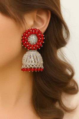 pas Traditional jewellery Silver Plated Red Pearls Jhumka/Jhumki Earring's Beads Alloy Stud Earring, Rhinestone Studs, Jhumki Earring, Drops & Danglers