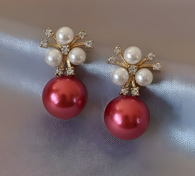unbarand Brass _Red Cubic Zirconia Brass Stud Earring, Drops & Danglers, Rhinestone Studs