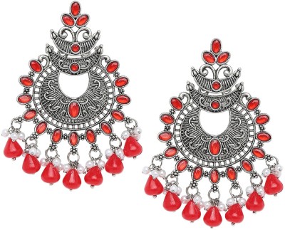 Oomph Oxidised Silver Red Stones With Pearls Ethnic Beads, Crystal Alloy Chandbali Earring