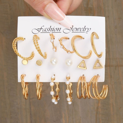 JDENTERPRISES Combo of 9 Pair Golden Triangle Pearl Stud / Twisted Hoop Earring For Women/Girl Pearl Alloy Hoop Earring