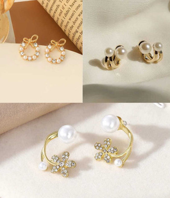 eloria Combo of 3 Korean Earrings For Girls, Women, Earring Set, Stud Earring Pearl Alloy Plug Earring, Stud Earring, Earring Set
