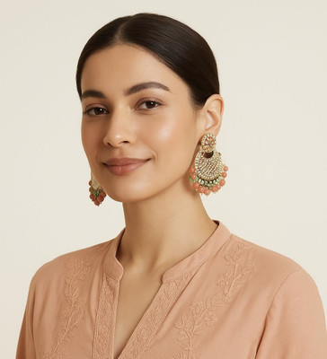 AATMANA Gold Plated Kundan Studded And Pearls Beaded Crescent Meenakari Chandbalis Brass Chandbali Earring