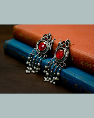 MIRA JEWELS Chandbalis with peacock design in scarlet red colour stone German Silver Chandbali Earring