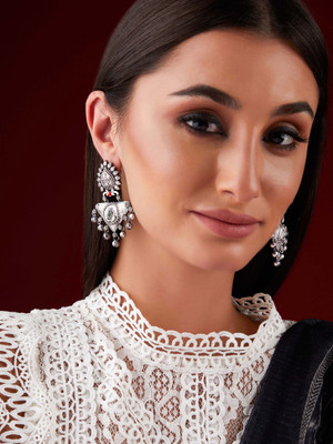 RUBANS Rubans Silver Oxidised Drop Earrings With Stones And Silver Beads Brass Drops & Danglers
