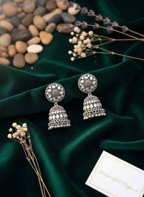 Alankarini Creation Antique Silver-Toned Kundan/Mirror Work Jhumka Earrings Alloy Jhumki Earring