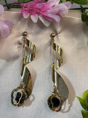SHYAMZAN Gold Spiral Drop Earrings with Black Crystal Charms – Statement Jewelry Alloy Drops & Danglers