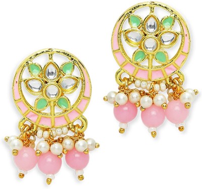 fabula Pink Meenakari Kundan Floral Design Ethnic Stud Earrings for Women & Girls Beads, Crystal Alloy Stud Earring