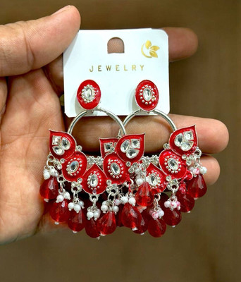 JKFASHION Traditional Red & Silver Plated Dangle Earrings with Beads for Women & Girls Alloy Drops & Danglers