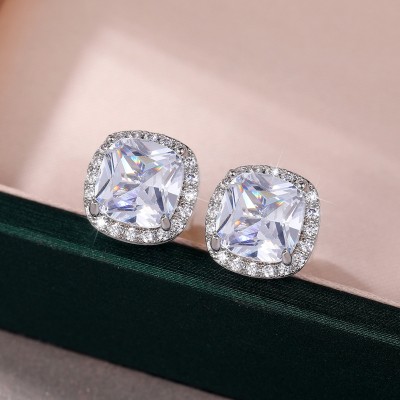 Jewels Galaxy Silver Plated American Diamond Studded Square Crushed Ice Cut Stud Earrings Crystal Alloy Stud Earring