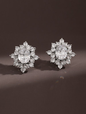 RUBANS Rubans Rhodium-Plated Cubic Zirconia Floral Cluster Stud Zircon Brass Stud Earring
