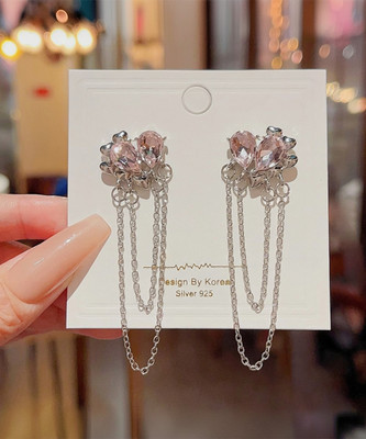 Aylana Pink Crystal Heart with Silver Chain Tassel Korean Earrings Crystal Alloy Tassel Earring, Drops & Danglers