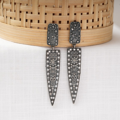 Sanseeta Sutra- Silver Brass Oxidised dangler earrings Zircon Brass Drops & Danglers