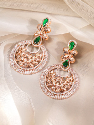 RUBANS 22K Rose Gold-Plated Emerald Green & White CZ Stone Floral Drop Earring Brass Drops & Danglers