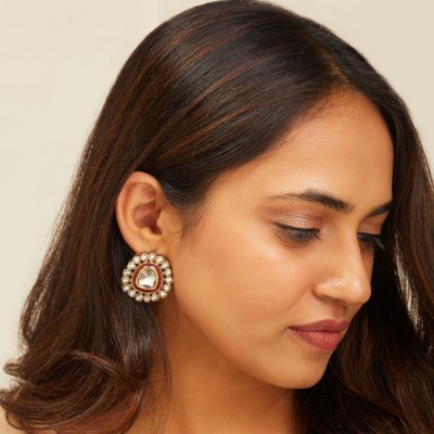 ShopRoohani Uncut jadau kundan style stud earrings for women with rani pink meenakari enamel Alloy Stud Earring
