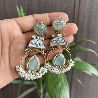TaranaJewelry Mint Green & White Kundan Pearl Chandbali Earrings Agate Alloy Chandbali Earring