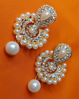 SHREE MAULI CREATION White pearl and stone drop earring Pearl Alloy Drops & Danglers