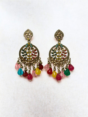 DAZZLE Traditional Multicolour Chandbali Earrings for Women & Girls Moonstone Alloy, Gold Chandbali Earring, Jhumki Earring