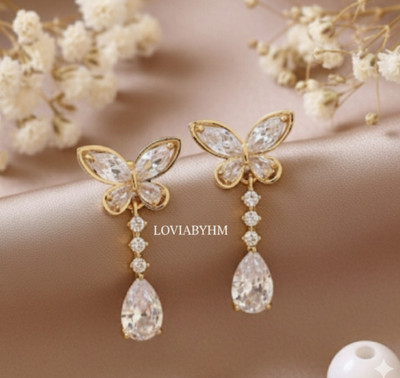 LOVIA BY HM BUTTERFLY EARRINGS, GOLD CRYSTAL EARRINGS FOR WOMEN, EARINGS Cubic Zirconia, Pearl Alloy Drops & Danglers