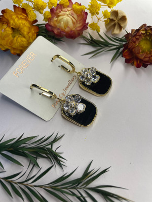 SUDHAN FASHION Elegant Gold-Plated Black Enamel Earrings with Crystal Floral Design for Women White Zircon Stainless Steel, Enamel Cuff Earring