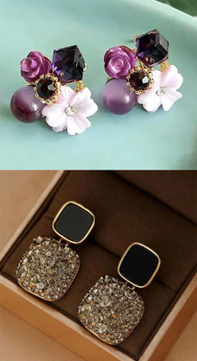 GloAww FASHIONS Trendy Purple Flower Black Stone Korean Earrings For Girl's & Women Alloy Stud Earring, Drops & Danglers