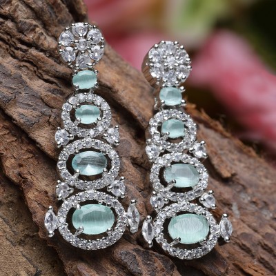 ZENEME Rhodium-Plated Sea Green American Diamond studded Quirky Shaped Drop Earrings Cubic Zirconia Brass Drops & Danglers